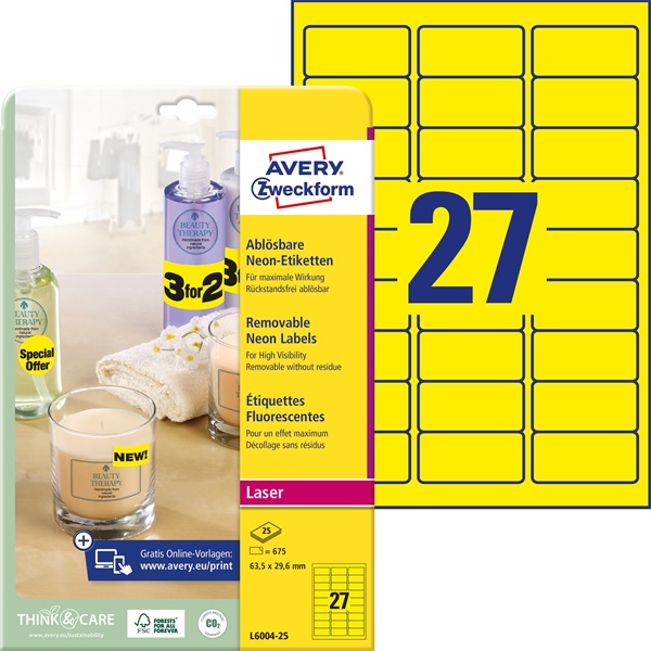 Avery L6004-25 63,5 x 29,6 mm 675 db-os visszaszedhető neonsárga etikett