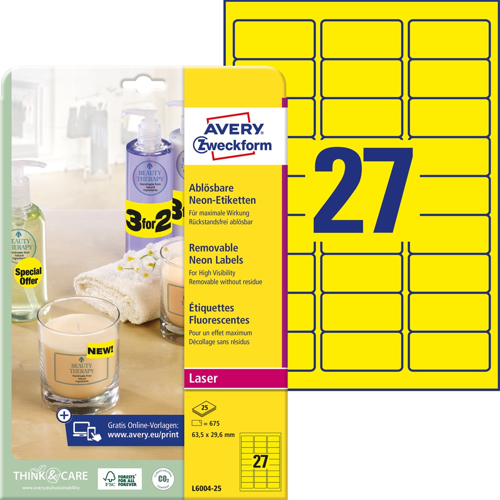 Avery L6004-25 63,5 x 29,6 mm 675 db-os visszaszedhető neonsárga etikett