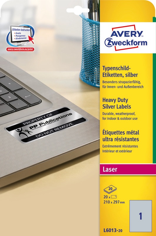Avery L6013-20 210×297mm vízálló 20db-os ezüst etikett
