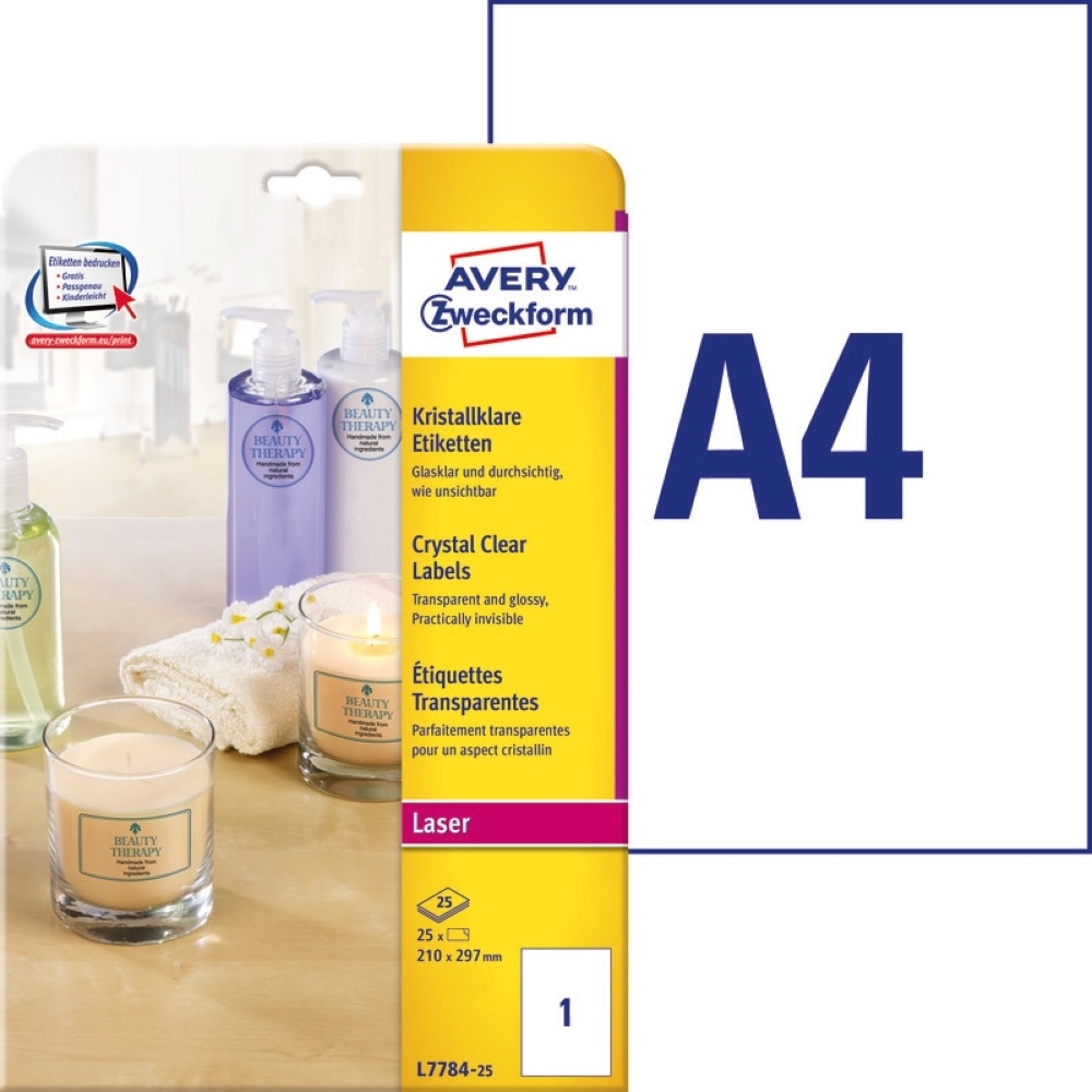 Avery L7784-25 210x297mm 25db-os poliészter víztiszta etikett