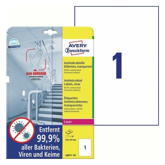 Avery L8011-10 antimikrobiális 210x297mm átlátszó fóliacímke