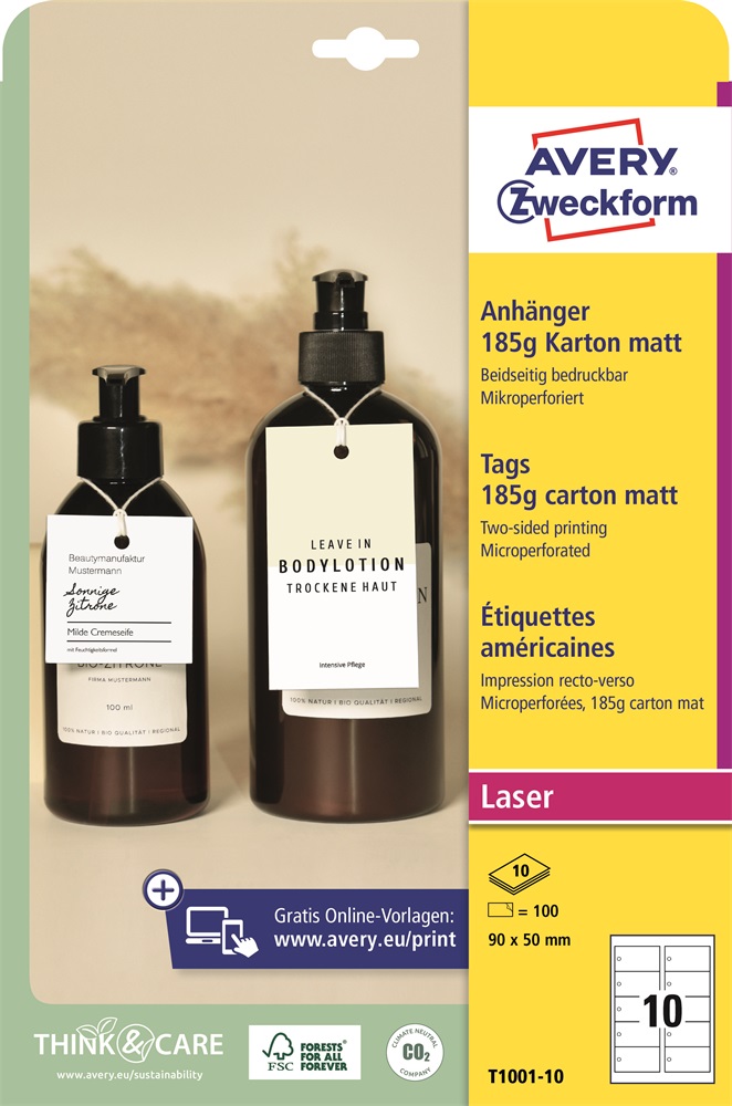 Avery T1001-10 185g 90x50mm 100db-os mikroperforált karton függő címke