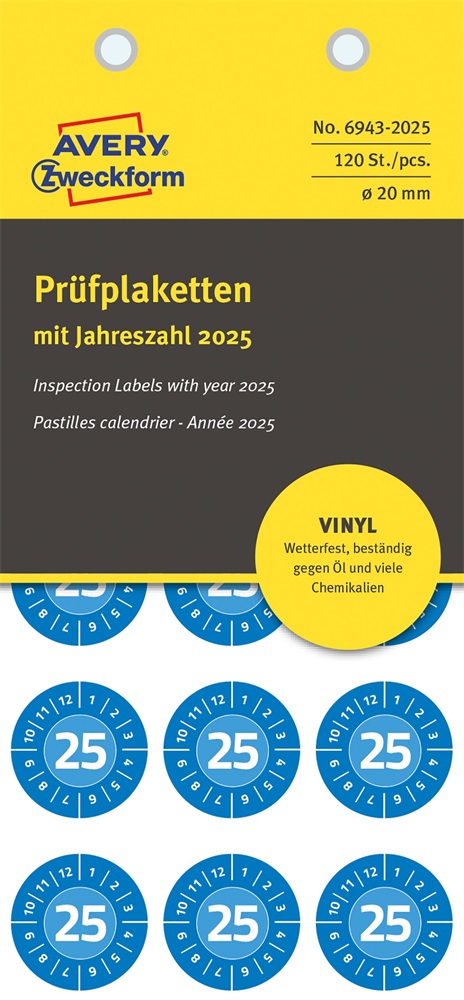 Avery Vinyl 2025 év/hónapok 20mm kék időjárásálló öntapadó etikett
