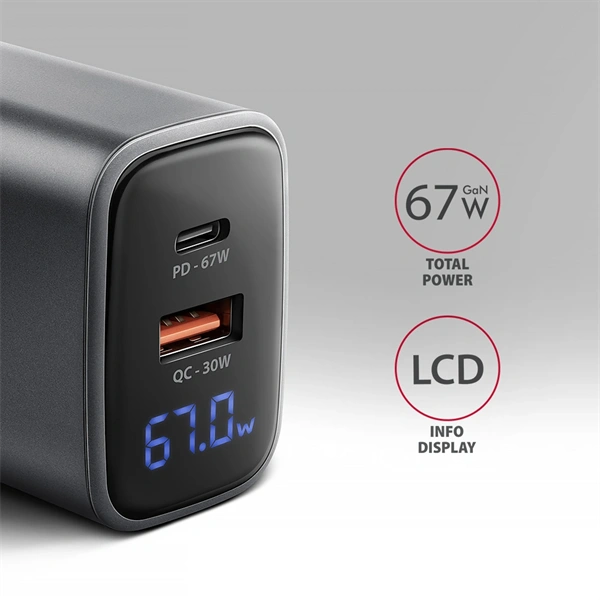Axagon ACU-PQ67D PD3.0 & QC4+ 2× OUTPUTS, LCD kijelzővel és két kimenettel (USB-A + USB-C) 67W GaN hálózati töltő