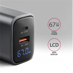 Axagon ACU-PQ67D PD3.0 & QC4+ 2× OUTPUTS, LCD kijelzővel és két kimenettel (USB-A + USB-C) 67W GaN hálózati töltő