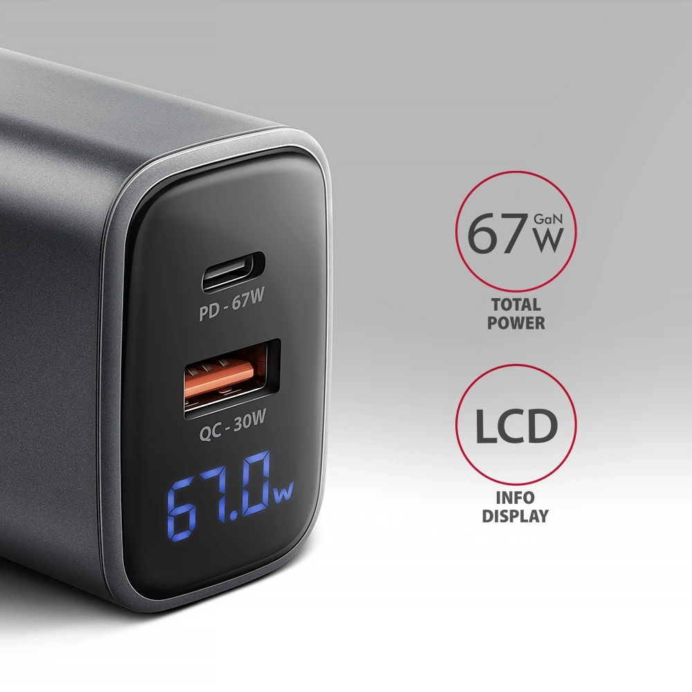 Axagon ACU-PQ67D PD3.0 & QC4+ 2× OUTPUTS, LCD kijelzővel és két kimenettel (USB-A + USB-C) 67W GaN hálózati töltő