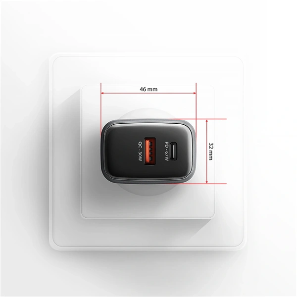 Axagon ACU-PQ67D PD3.0 & QC4+ 2× OUTPUTS, LCD kijelzővel és két kimenettel (USB-A + USB-C) 67W GaN hálózati töltő