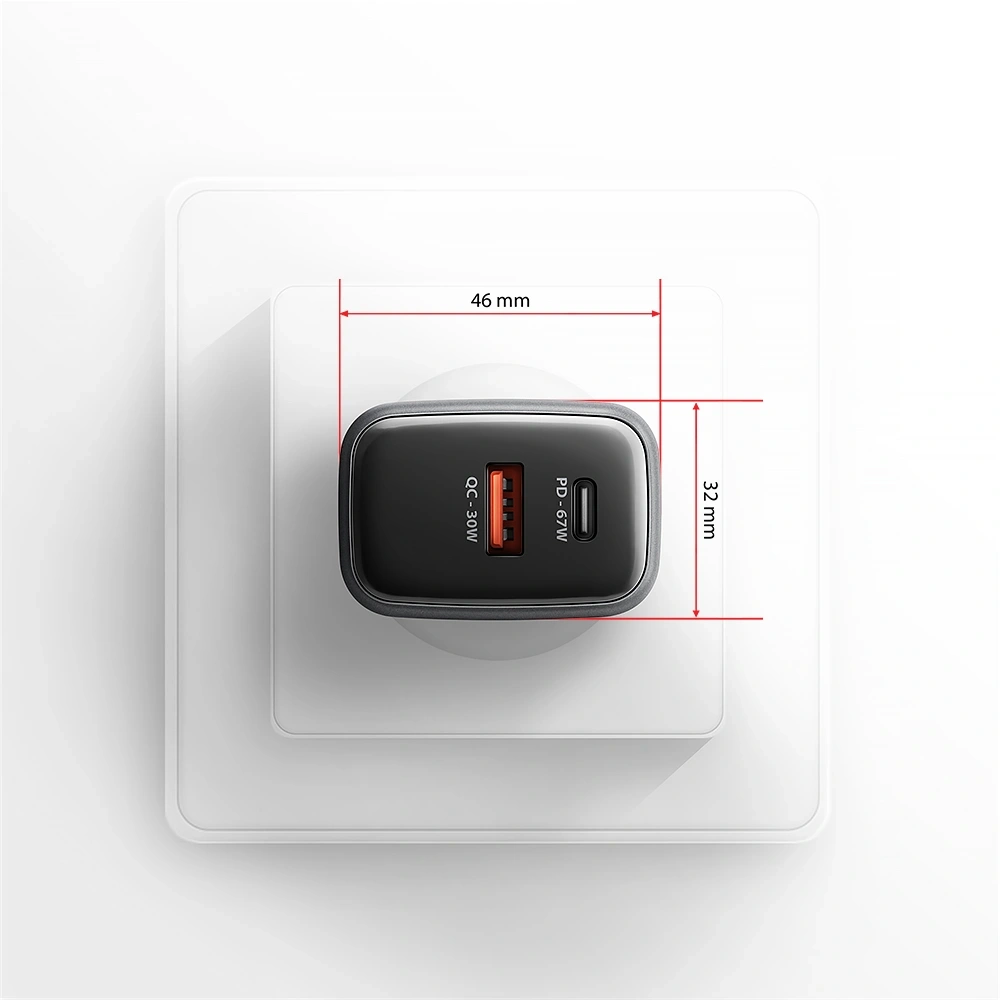 Axagon ACU-PQ67D PD3.0 & QC4+ 2× OUTPUTS, LCD kijelzővel és két kimenettel (USB-A + USB-C) 67W GaN hálózati töltő