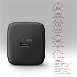 Axagon ACU-PD20 20W PD 3.0 QC Type-C fekete hálózati töltő