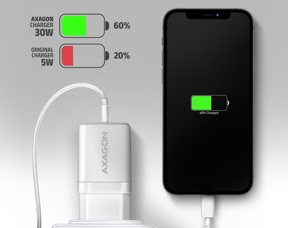 Axagon ACU-PQ30W USB-C + QC3.0 30W fehér fali töltő
