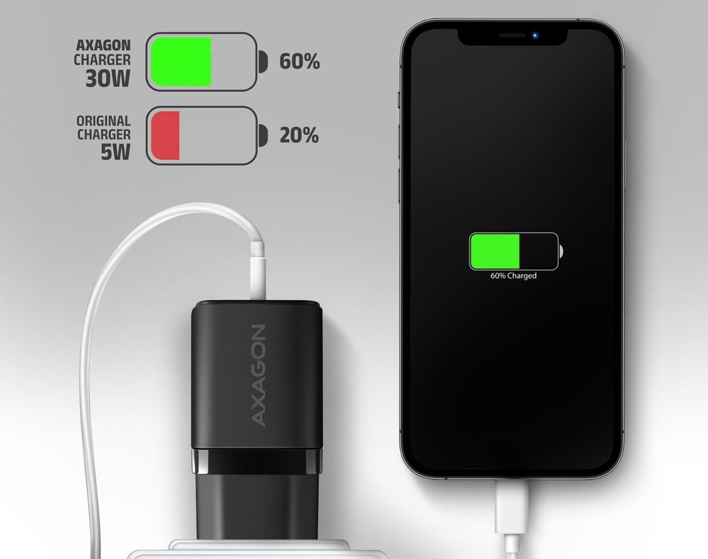 Axagon ACU-PQ30 USB-C + QC3.0 30W fekete fali töltő