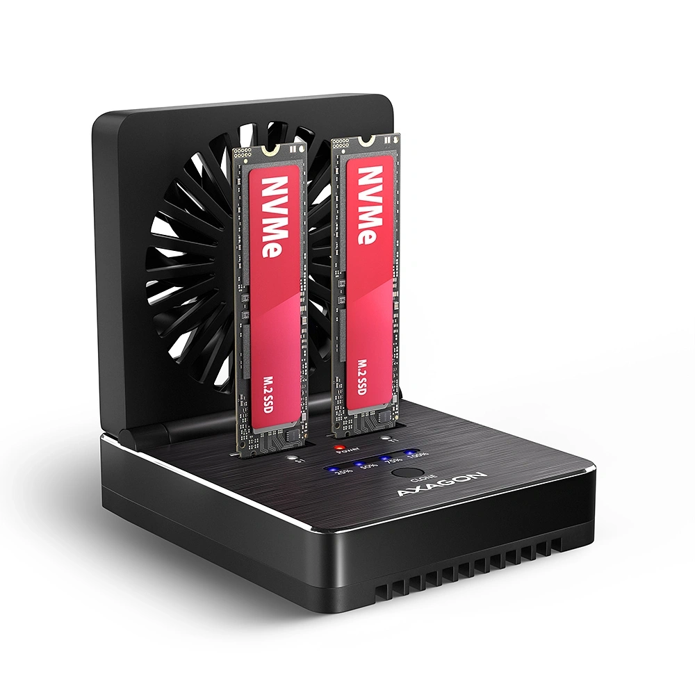 Axagon ADSA-M2C22 USB-C 20Gbps dokkolóállomás 2x M.2 NVMe / SATA SSD-hez, PC nélküli lemezklónozási funkcióval