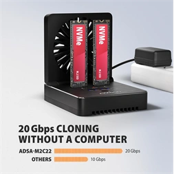 Axagon ADSA-M2C22 USB-C 20Gbps dokkolóállomás 2x M.2 NVMe / SATA SSD-hez, PC nélküli lemezklónozási funkcióval
