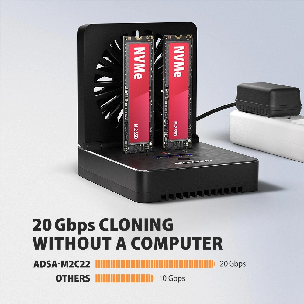 Axagon ADSA-M2C22 USB-C 20Gbps dokkolóállomás 2x M.2 NVMe / SATA SSD-hez, PC nélküli lemezklónozási funkcióval