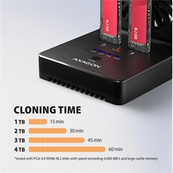 Axagon ADSA-M2C22 USB-C 20Gbps dokkolóállomás 2x M.2 NVMe / SATA SSD-hez, PC nélküli lemezklónozási funkcióval