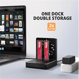 Axagon ADSA-M2C22 USB-C 20Gbps dokkolóállomás 2x M.2 NVMe / SATA SSD-hez, PC nélküli lemezklónozási funkcióval