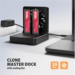 Axagon ADSA-M2C22 USB-C 20Gbps dokkolóállomás 2x M.2 NVMe / SATA SSD-hez, PC nélküli lemezklónozási funkcióval