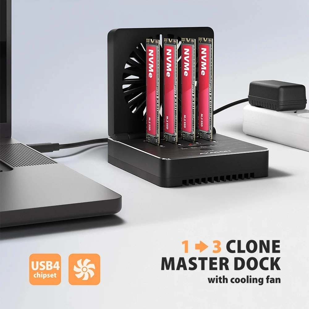 Axagon ADSA-M2C44 4x M.2 NVMe SSD-hez, PC nélküli lemezklónozási funkcióval USB4 dokkoló állomás