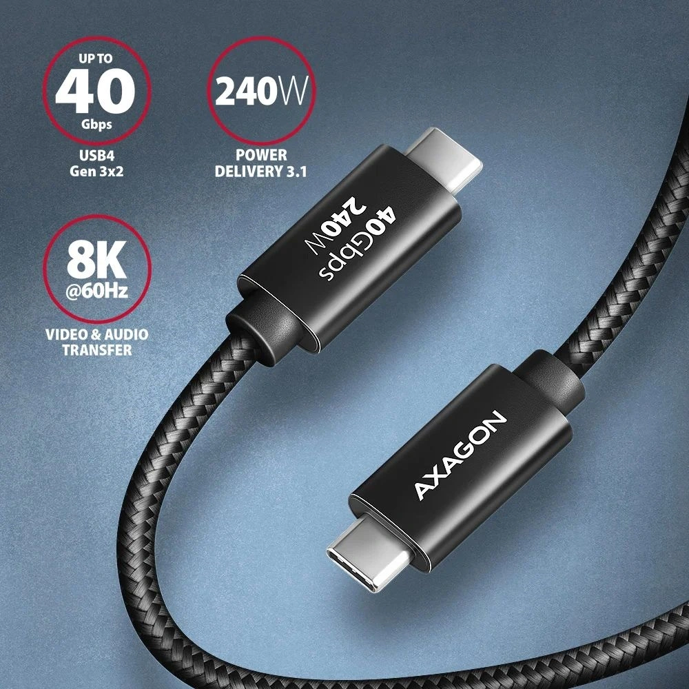 Axagon BUCM4X-CM05AB NewGEN+ 0,5m USB-C Gen 3×2 240W adat- és töltőkábel