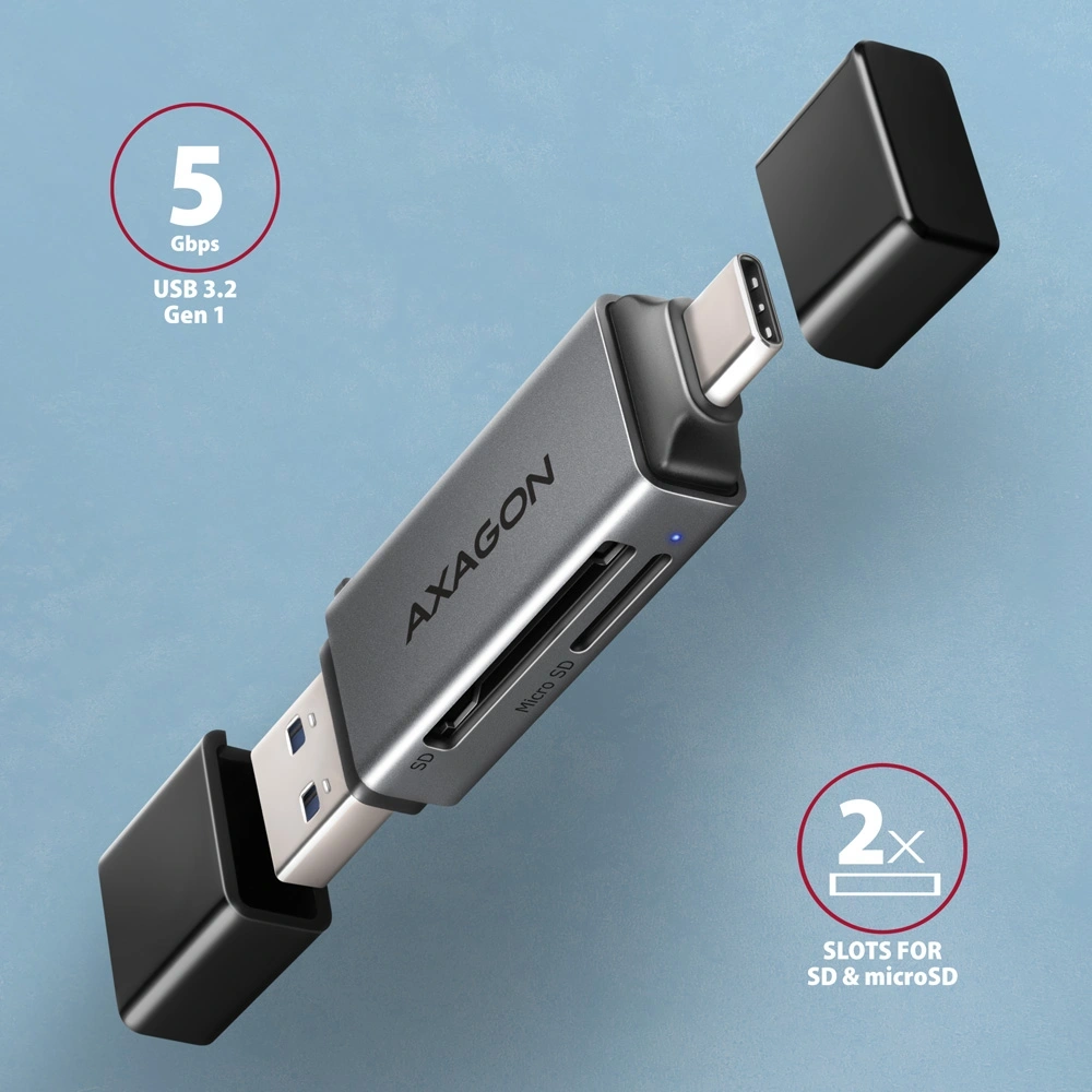 Axagon CRE-DAC Mobil USB 3.2 Gen 1 USB-C + USB-A SD/microSD mini kártyaolvasó