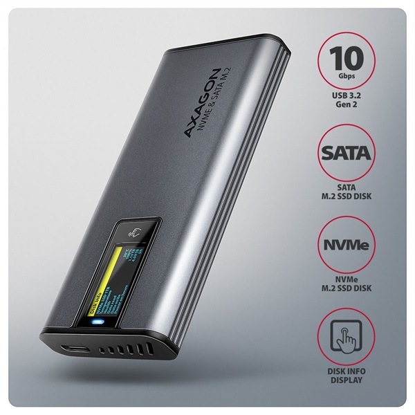 Axagon EEM2-SD2 DISPLAY USB-C 10Gbps M.2 NVMe & SATA SSD külső ház