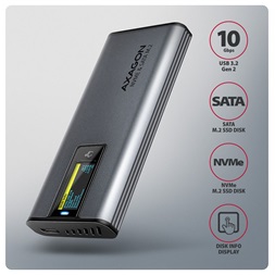 Axagon EEM2-SD2 DISPLAY USB-C 10Gbps M.2 NVMe & SATA SSD külső ház