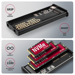 Axagon EEM2-SD2 DISPLAY USB-C 10Gbps M.2 NVMe & SATA SSD külső ház