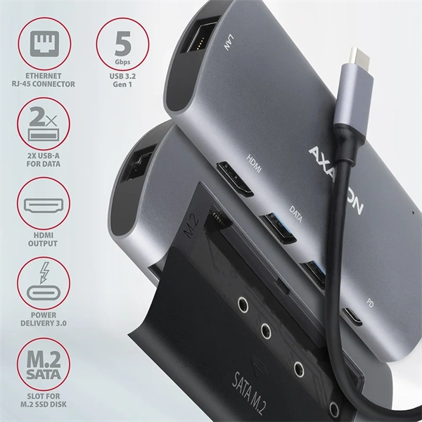Axagon HMC-6M2 SUPERSPEED USB-C COMBO ezüst-fekete  6in1 hub