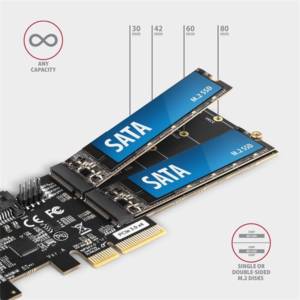 Axagon PCES-SA4M2 2db belső SATAIII portos + 2db SATA M.2 foglalat PCI-Express kártya