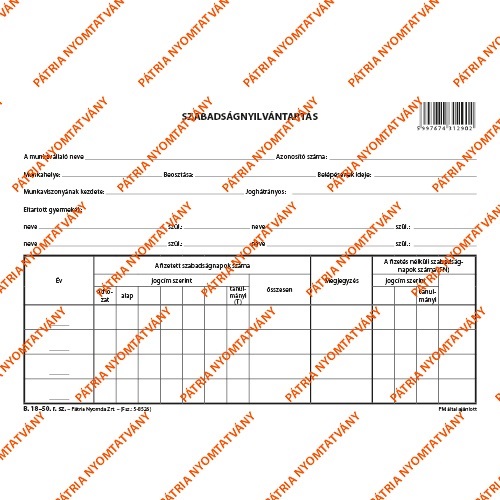 B.18-50 A5 fekvő "Szabadságnyilvántartás" nyomtatvány