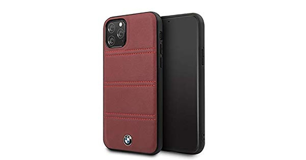 BMW iPhone 11 Pro vízszintesen csíkozott burgundi vörös kemény bőrtok