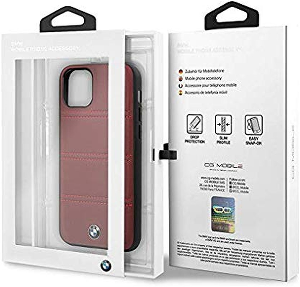 BMW iPhone 11 Pro vízszintesen csíkozott burgundi vörös kemény bőrtok