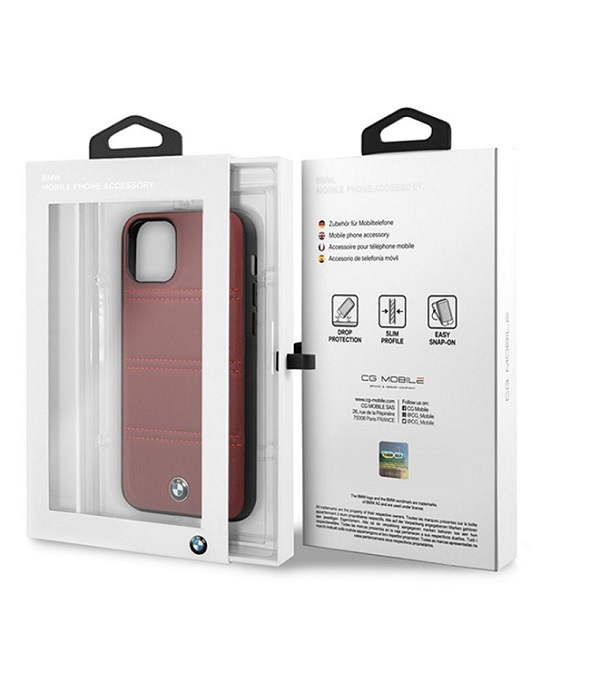 BMW iPhone 11 Pro vízszintesen csíkozott burgundi vörös kemény bőrtok