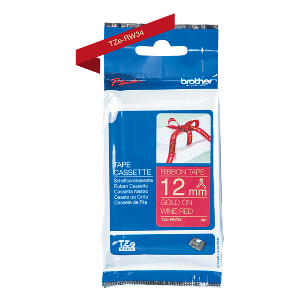 BROTHER TZe-RW34 12mm 0.47" 4 méter bordó alapon arany textil szalag