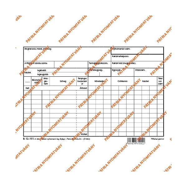 B.12-151 A5 "Raktári nyilvántartó lap (fejlap) kicsi" nyomtatvány