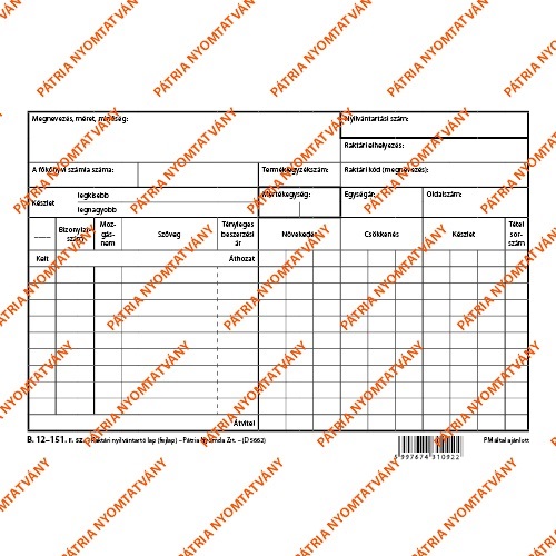 B.12-151 A5 "Raktári nyilvántartó lap (fejlap) kicsi" nyomtatvány