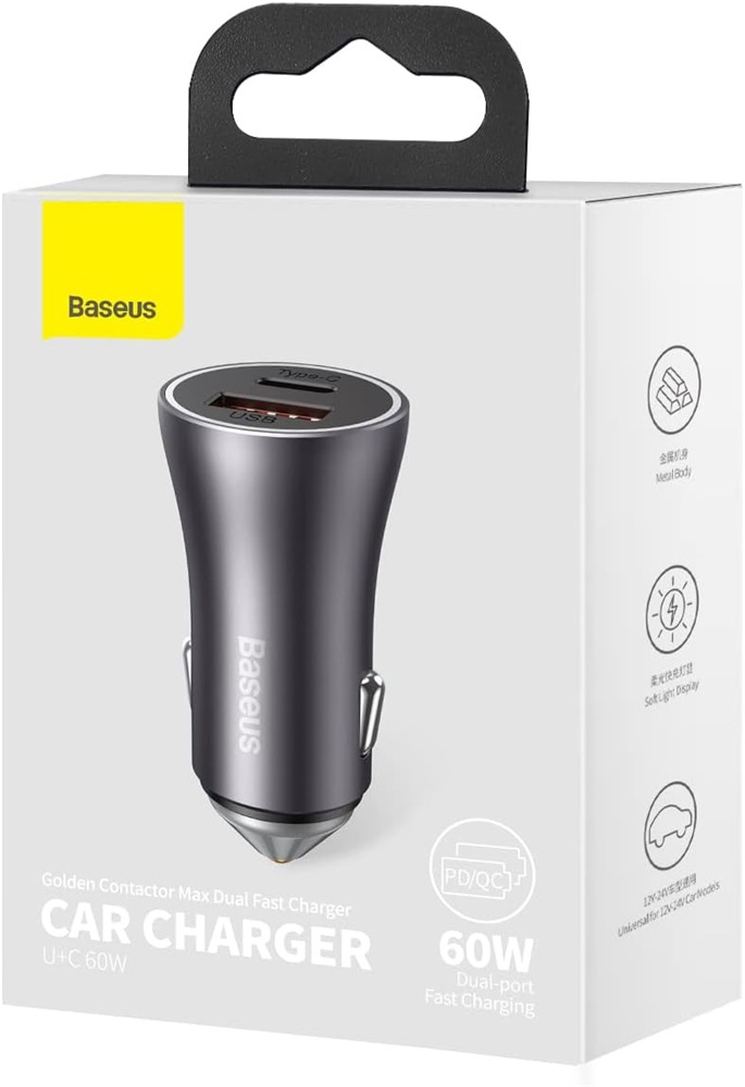 Baseus CGJM000113 Golden Contactor Max 60W/USB-A + USB-C szürke autós töltő