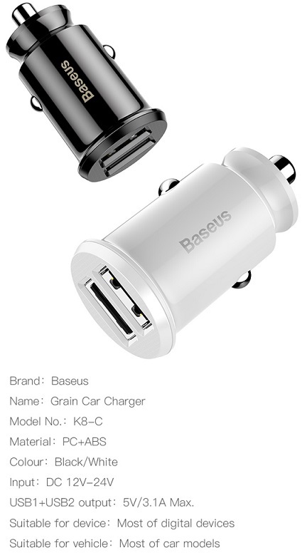 Baseus Grain 3,1A dual USB fekete autós töltő