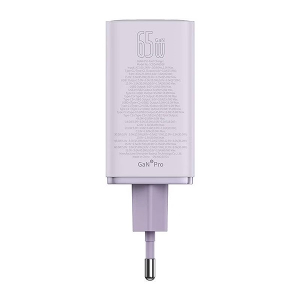Baseus P10162705532-00 GaN6 Pro 100W EU lila gyorstöltő adapter 1m USB Type-C - Type-C kábellel