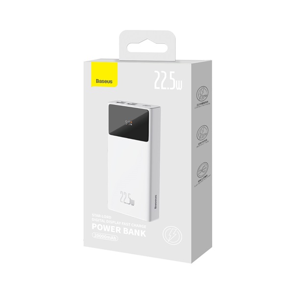 Baseus Star-Lord PPXJ080002 20.000mAh, 22.5W, fehér (USB-C kábel, 3A, 0.3m) kijelzős Power Bank
