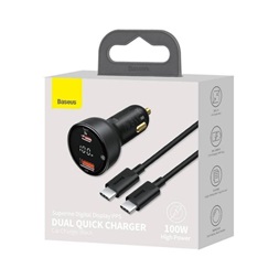 Baseus Superme Digital Display PPS 100W USB Type-A + USB Type-C fekete autós gyorstöltő + 100W 1m Type-C kábel