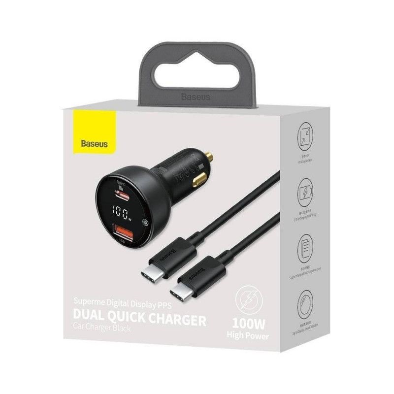Baseus Superme Digital Display PPS 100W USB Type-A + USB Type-C fekete autós gyorstöltő + 100W 1m Type-C kábel