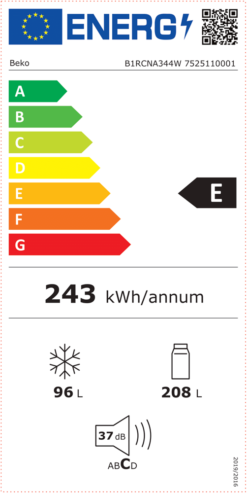 Beko B1RCNA344W fehér, alulfagyasztós, Hűtő:208L, Fagyasztó:96L, No frost hűtőszekrény