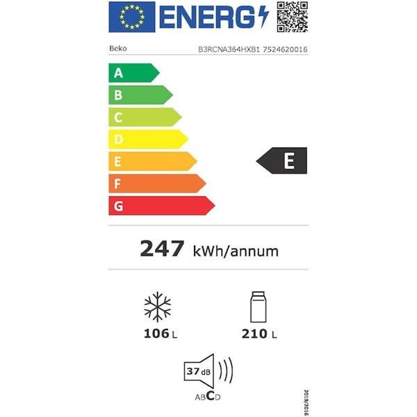 Beko B3RCNA364HXB1 ezüst, alulfagyasztós, Hűtő:210L, Fagyasztó:106L, hűtőszekrény