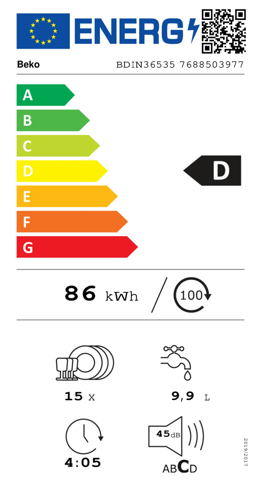 Beko BDIN36535 programok száma: 5, beépíthető, 15 terítékes mosogatógép 
