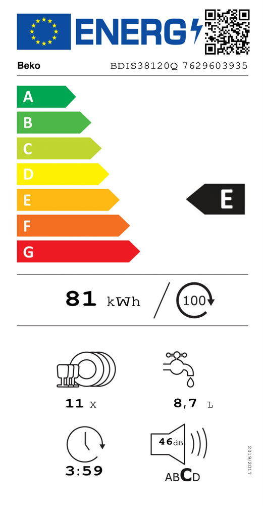 Beko BDIS38120Q programok száma: 8, keskeny beépíthető, 11 terítékes mosogatógép 