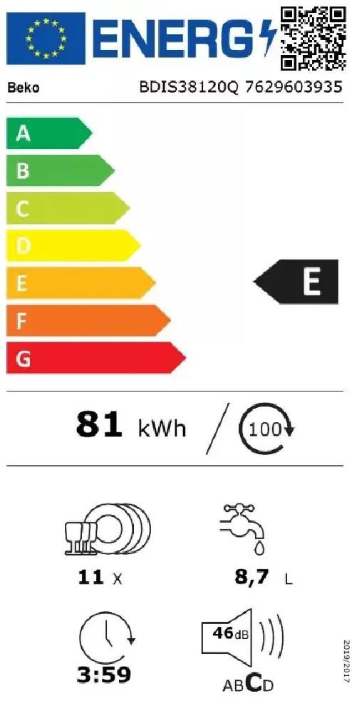 Beko BDIS38120Q programok száma: 8, keskeny beépíthető, 11 terítékes mosogatógép 
