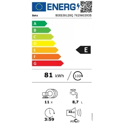 Beko BDIS38120Q programok száma: 8, keskeny beépíthető, 11 terítékes mosogatógép (Újszerű)
