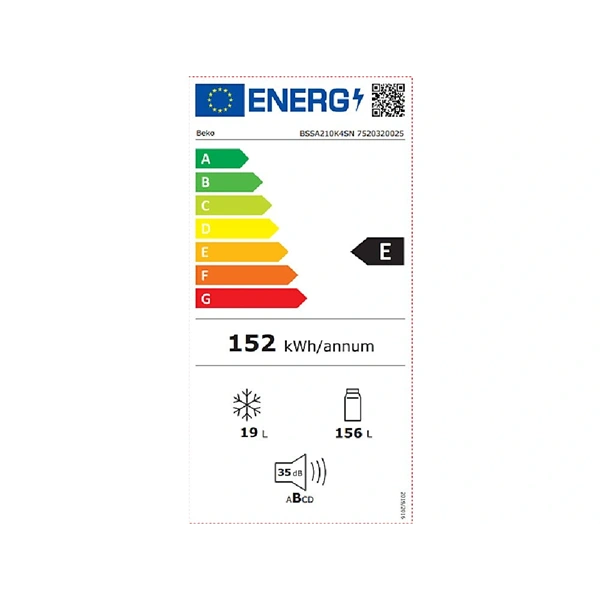 Beko BSSA210K4SN egyajtós, beépíthető, Hűtő:156L, Fagyasztó:19L, Minfrost hűtőszekrény (Újszerű)