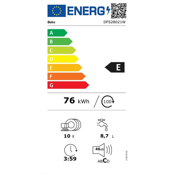 Beko DFS28021W fehér, programok száma: 8, keskeny szabadonálló, 10 terítékes mosogatógép (Újszerű)